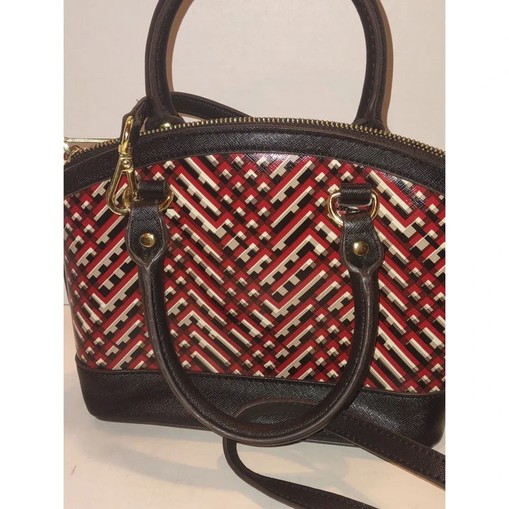 Anne Klein Womens Satchel Handbag Purse Geometric Print Black Red Gold 9x4x7